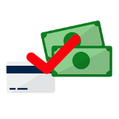 pound bills and credit card with a red checkmark